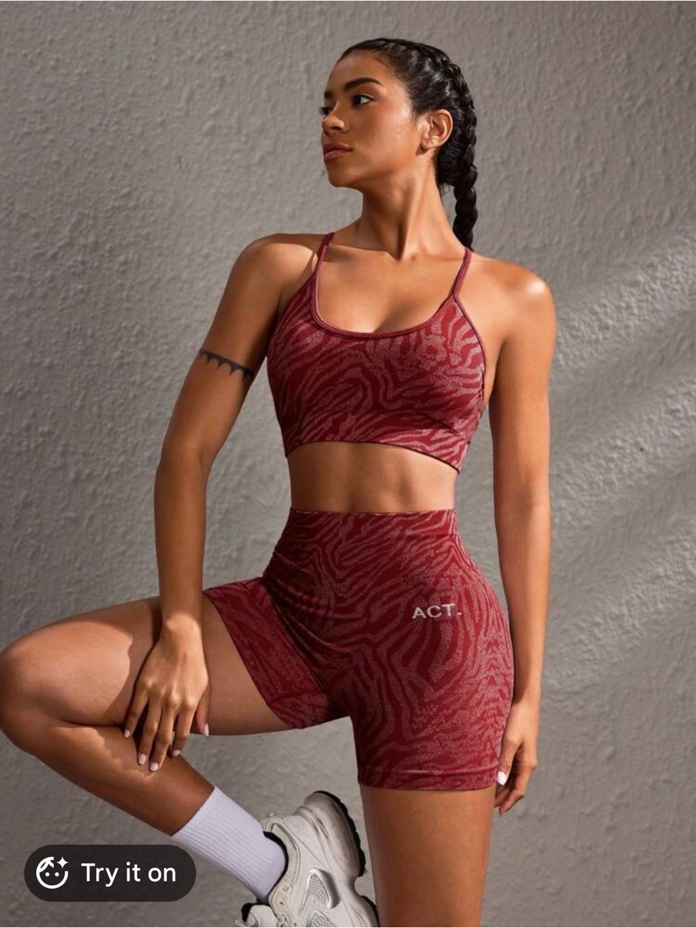 High-Waist Athletic Bike Shorts in Burgundy Zebra Print